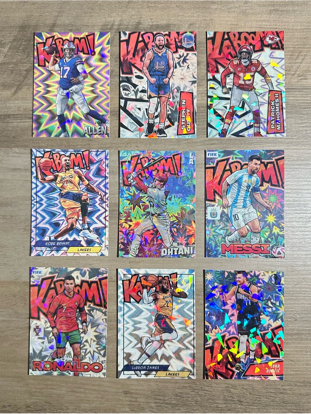 Kaboom Lot of (9) Novelty Cards. Mahomes, LeBron, Kobe, Messi, Ronaldo, Ohtani..